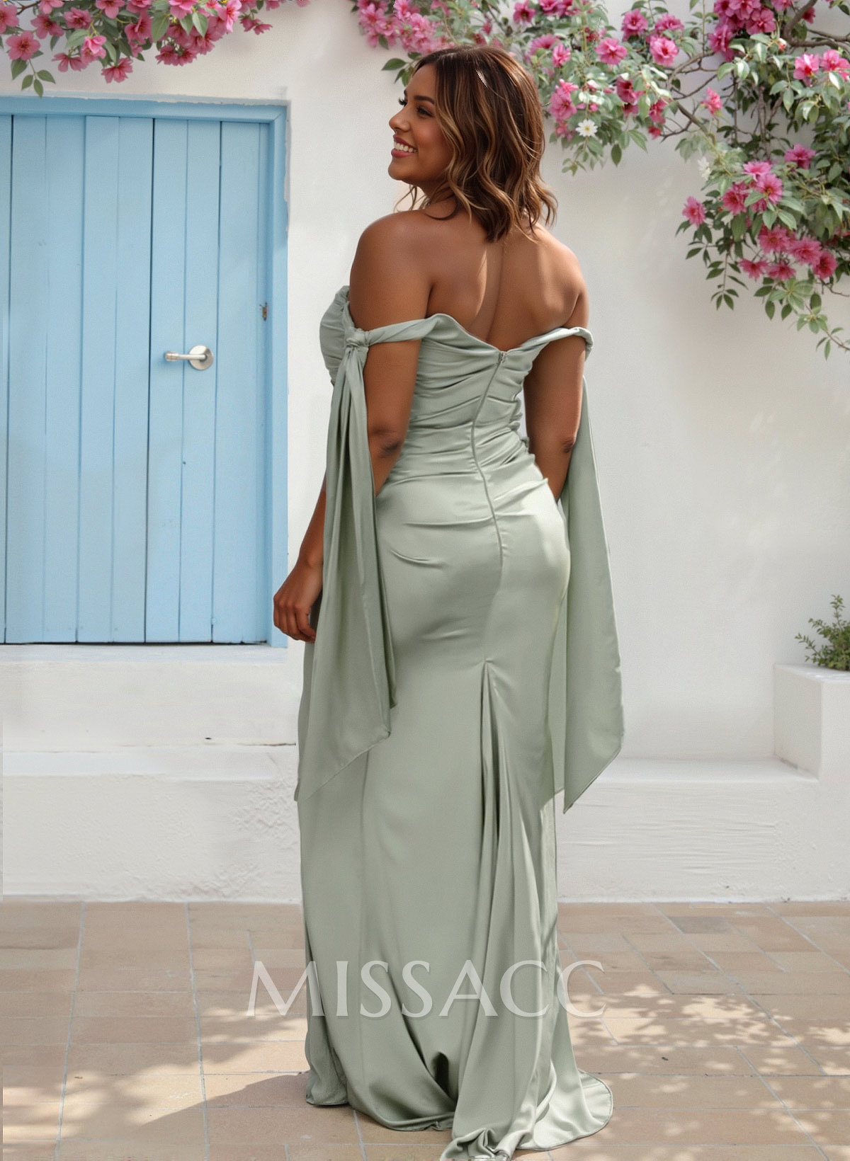 Sheath/Column Off-The-Shoulder Silk Like Satin Bridesmaid Dresses With High Split Sheath/Column Off-The-Shoulder Silk Like Satin Bridesmaid Dresses With High Split