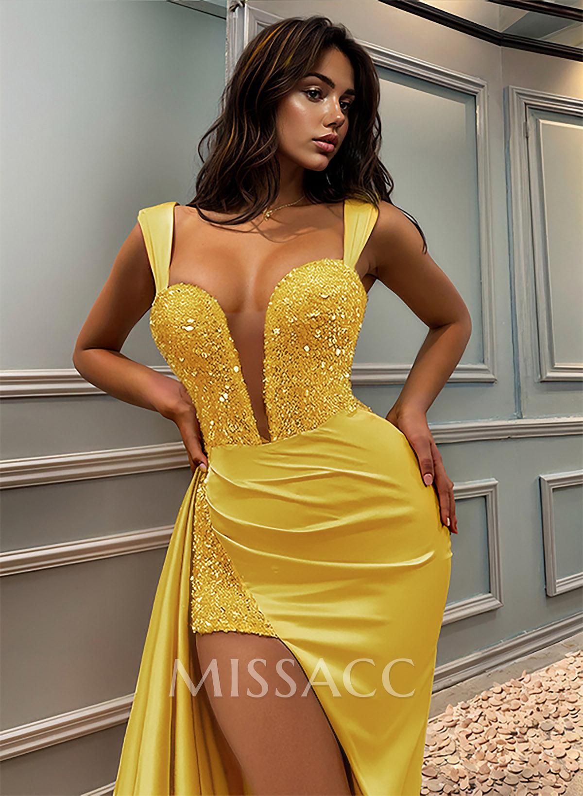 Sheath/Column Sweetheart Sweep Train Silk Like Satin/Sequined Bridesmaid Dresses With Sequins/High Split Sheath/Column Sweetheart Sweep Train Silk Like Satin/Sequined Bridesmaid Dresses With Sequins/High Split