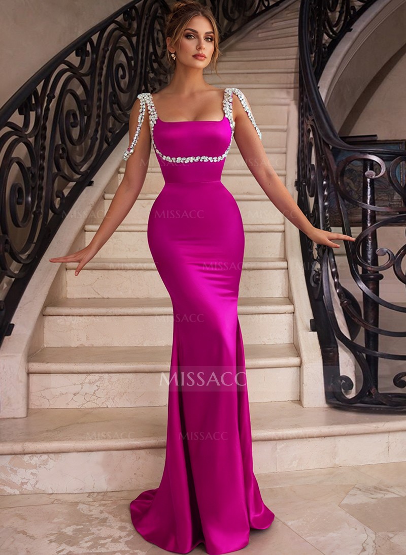 Trumpet/Mermaid Square Neckline Sweep Train Satin Bridesmaid Dresses With Beading