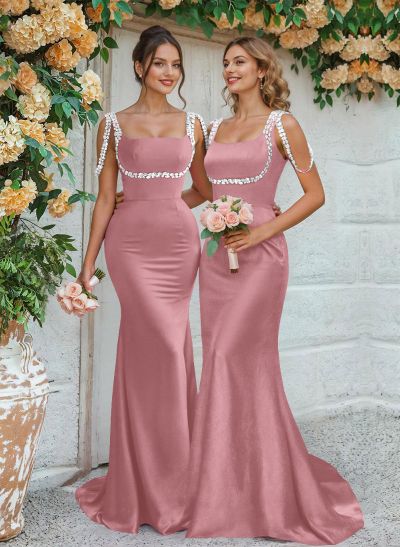 Trumpet/Mermaid Square Neckline Sweep Train Satin Bridesmaid Dresses With Beading