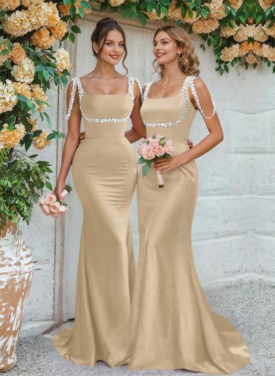 Trumpet/Mermaid Square Neckline Sweep Train Satin Bridesmaid Dresses With Beading