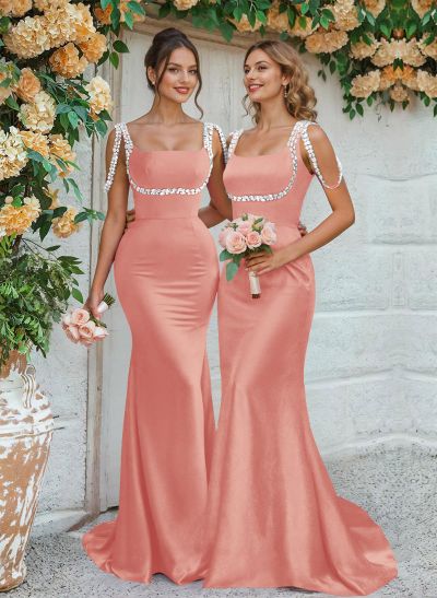 Trumpet/Mermaid Square Neckline Sweep Train Satin Bridesmaid Dresses With Beading