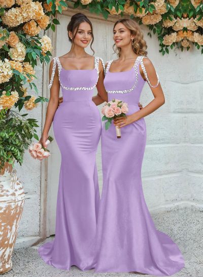 Trumpet/Mermaid Square Neckline Sweep Train Satin Bridesmaid Dresses With Beading