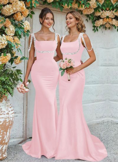 Trumpet/Mermaid Square Neckline Sweep Train Satin Bridesmaid Dresses With Beading