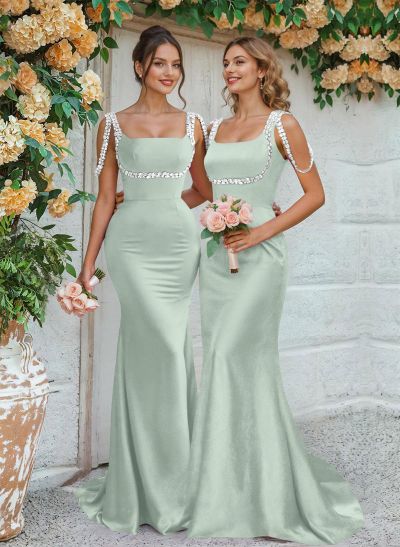 Trumpet/Mermaid Square Neckline Sweep Train Satin Bridesmaid Dresses With Beading