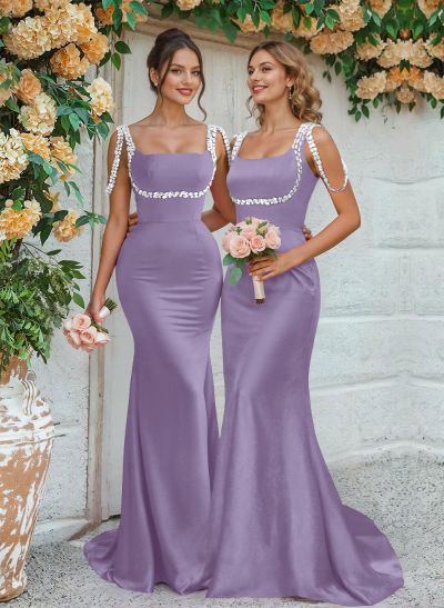 Trumpet/Mermaid Square Neckline Sweep Train Satin Bridesmaid Dresses With Beading