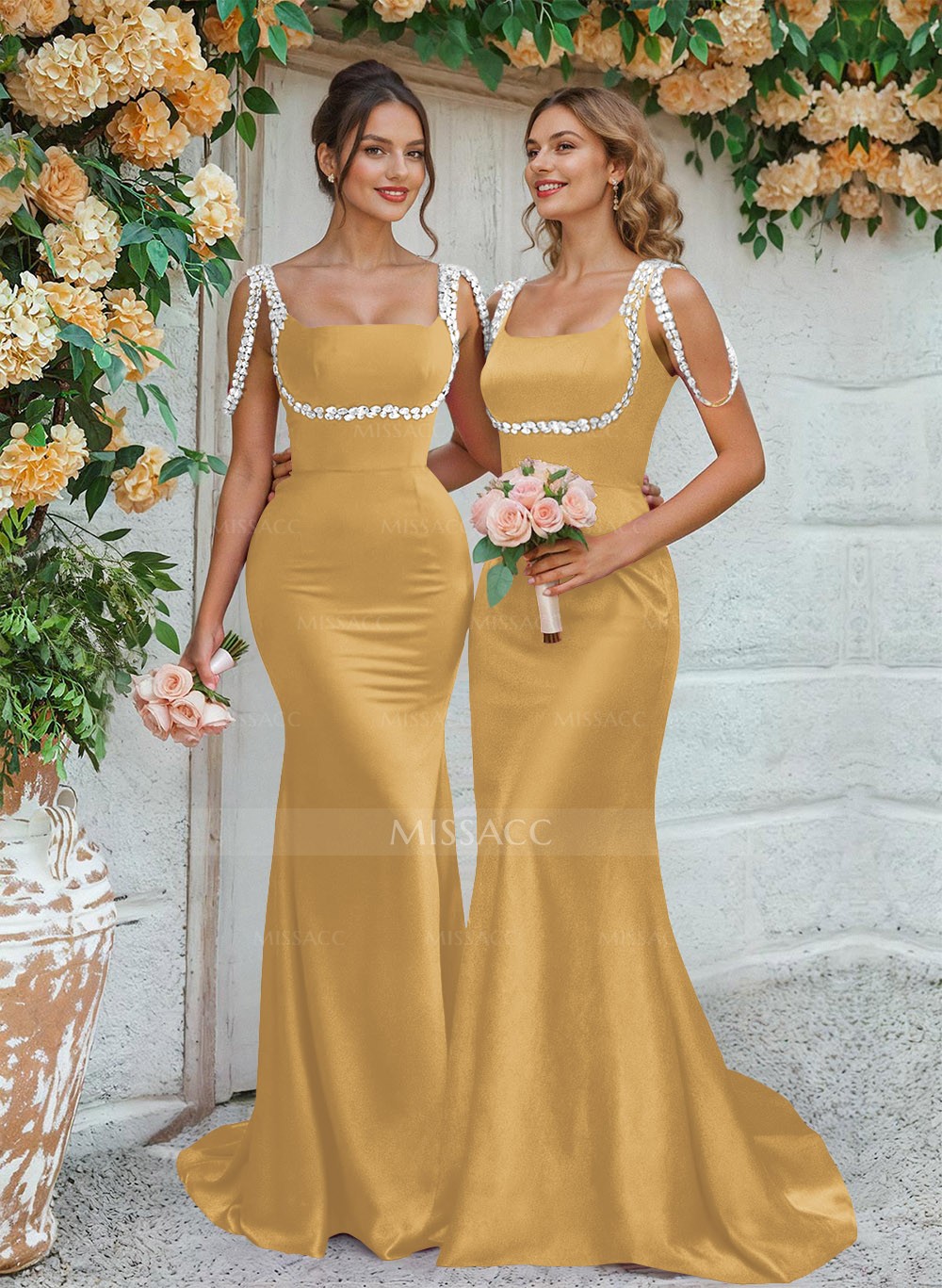 Trumpet/Mermaid Square Neckline Sweep Train Satin Bridesmaid Dresses With  Beading - Missacc, image size:1000x1367