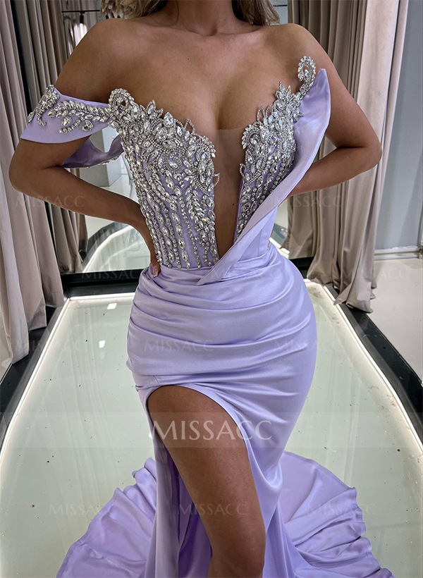 Trumpet/Mermaid One-Shoulder Sweep Train Matte Satin Bridesmaid Dresses With Rhinestone