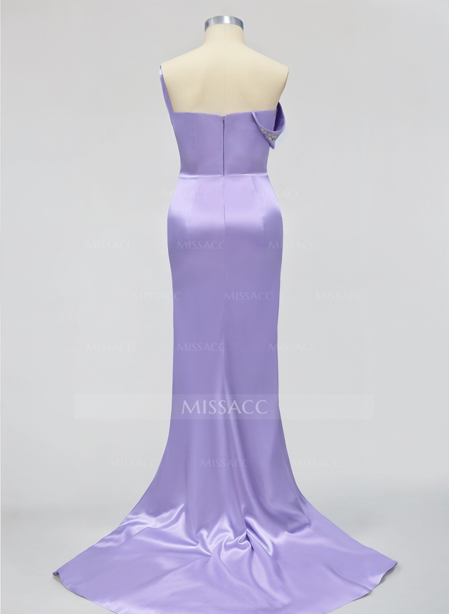 Trumpet/Mermaid One-Shoulder Sweep Train Matte Satin Bridesmaid Dresses With Rhinestone