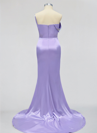 Sparkle Bejeweled Plunge Neck One-Shoulder Matte Satin Bridesmaid Dresses With Front Slit