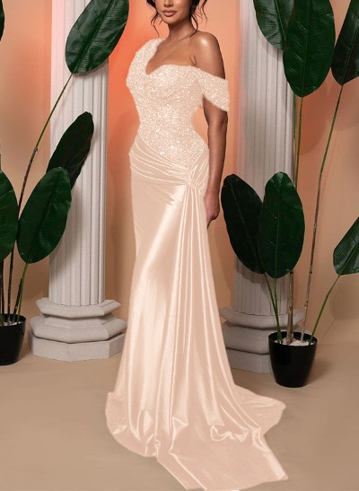 Trumpet/Mermaid Asymmetrical Sweep Train Silk Like Satin/Sequined Bridesmaid Dresses