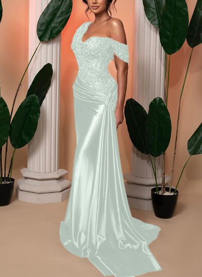 Trumpet/Mermaid Asymmetrical Sweep Train Silk Like Satin/Sequined Bridesmaid Dresses
