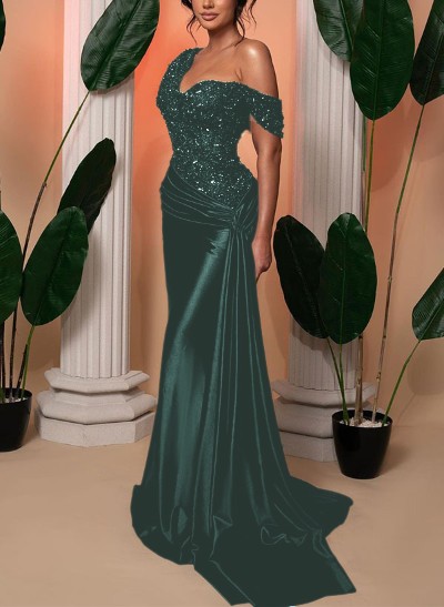 Trumpet/Mermaid Asymmetrical Sweep Train Silk Like Satin/Sequined Bridesmaid Dresses