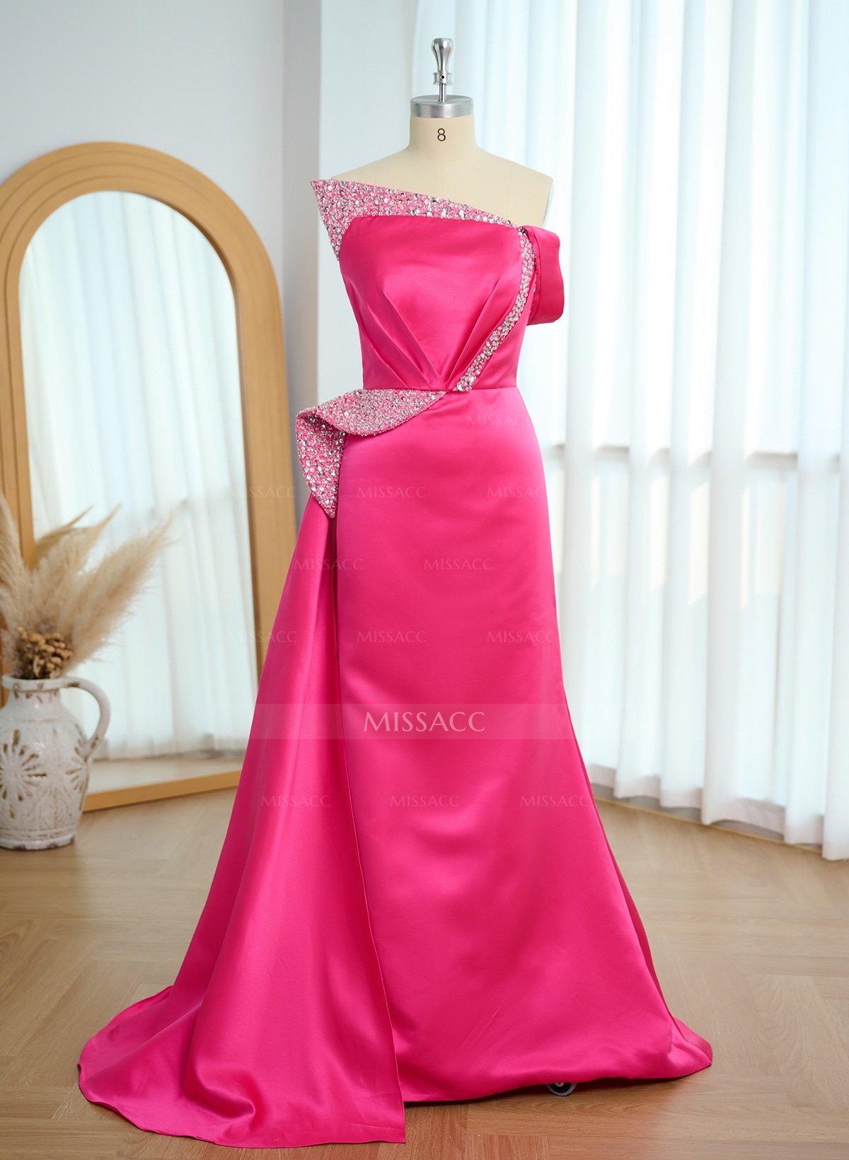 Sheath/Column One-Shoulder Sweep Train Satin Bridesmaid Dresses With Rhinestone