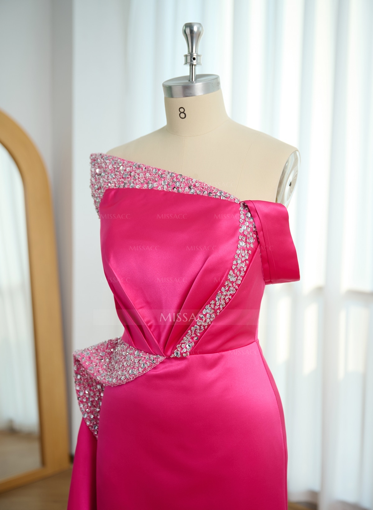 Sheath/Column One-Shoulder Sweep Train Satin Bridesmaid Dresses With Rhinestone