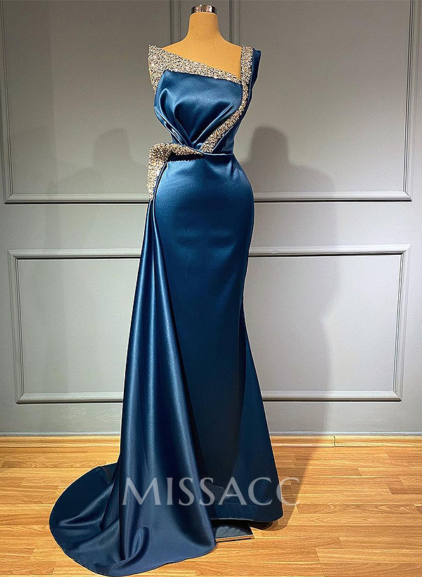 Sheath/Column One-Shoulder Sweep Train Satin Bridesmaid Dresses With Rhinestone