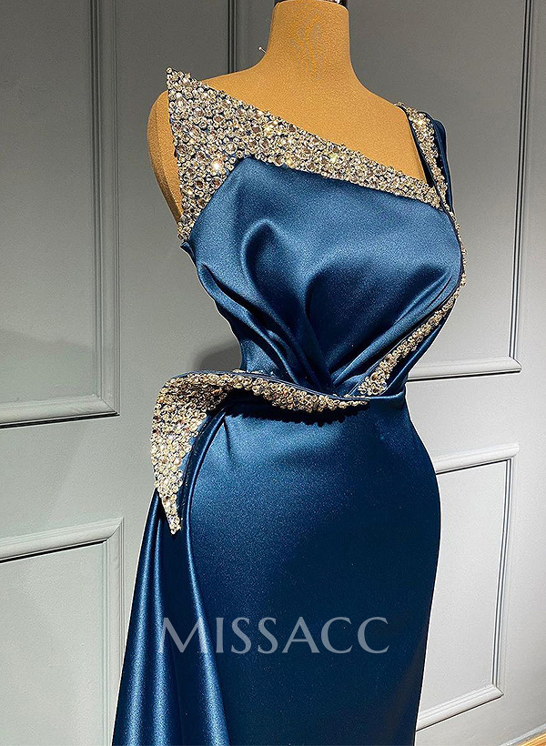 Sheath/Column One-Shoulder Sweep Train Satin Bridesmaid Dresses With Rhinestone