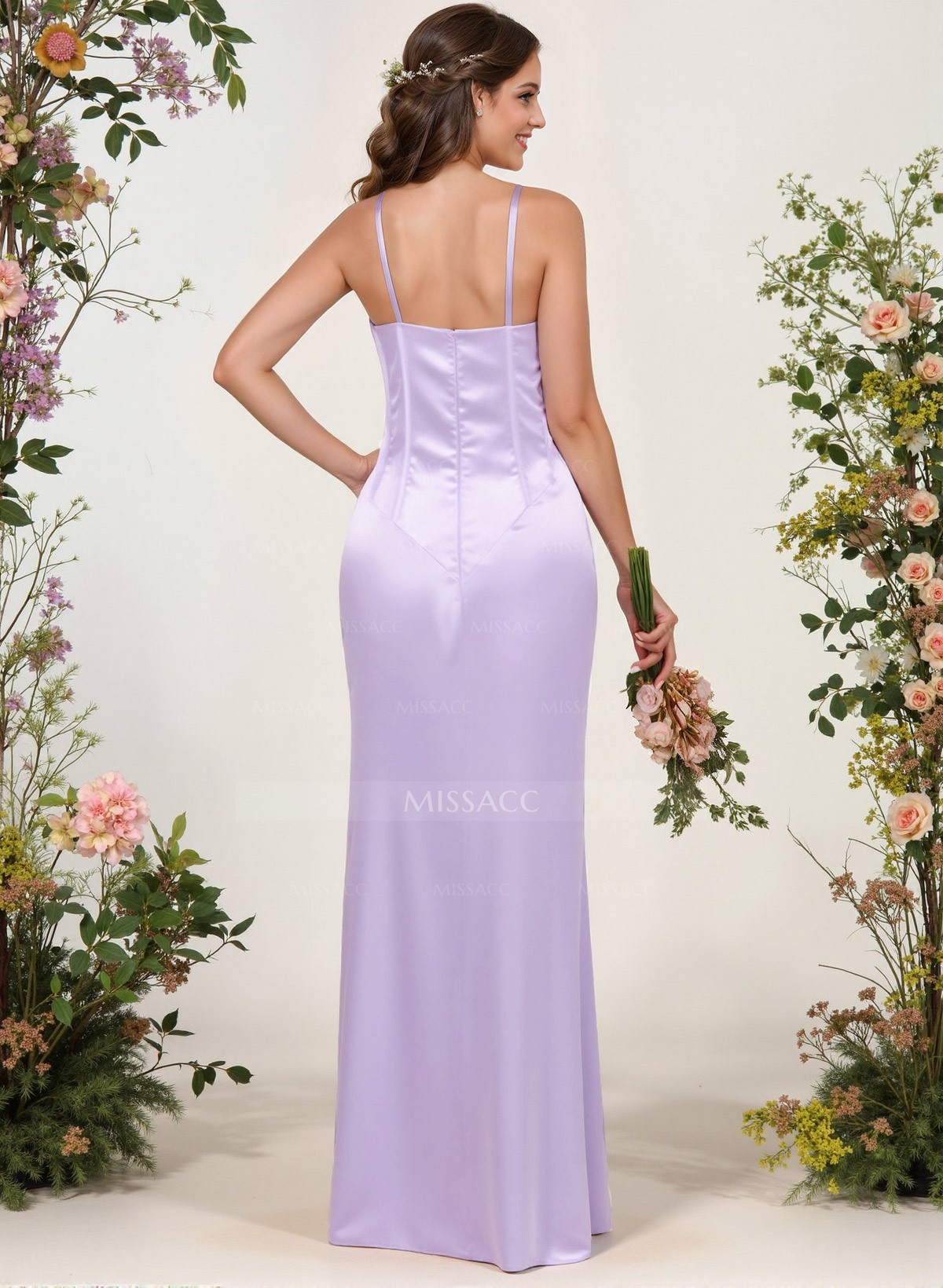 Sheath/Column Illusion Neck Floor-Length Silk Like Satin Bridesmaid Dresses With High Split