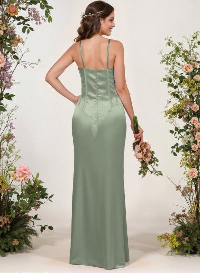 Sheath/Column Illusion Neck Floor-Length Silk Like Satin Bridesmaid Dresses With High Split