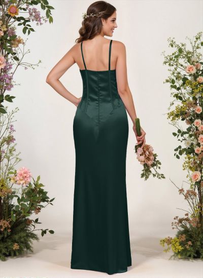 Sheath/Column Illusion Neck Floor-Length Silk Like Satin Bridesmaid Dresses With High Split