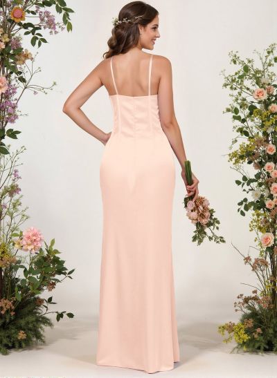 Sheath/Column Illusion Neck Floor-Length Silk Like Satin Bridesmaid Dresses With High Split