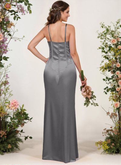 Sheath/Column Illusion Neck Floor-Length Silk Like Satin Bridesmaid Dresses With High Split