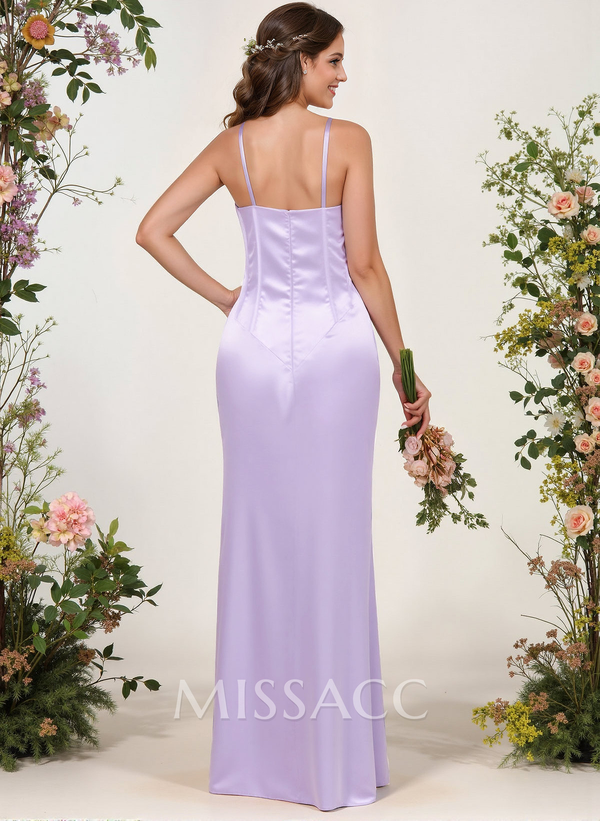 Sheath/Column Illusion Neck Floor-Length Silk Like Satin Bridesmaid Dresses With High Split Sheath/Column Illusion Neck Floor-Length Silk Like Satin Bridesmaid Dresses With High Split