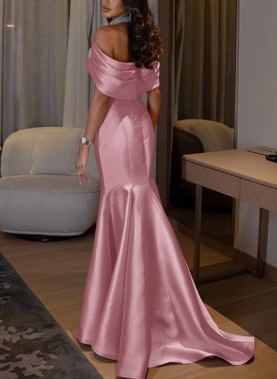 Trumpet/Mermaid Halter Sleeveless Sweep Train Satin Bridesmaid Dresses With Split Front