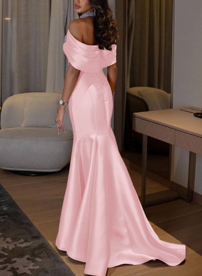 Trumpet/Mermaid Halter Sleeveless Sweep Train Satin Bridesmaid Dresses With Split Front