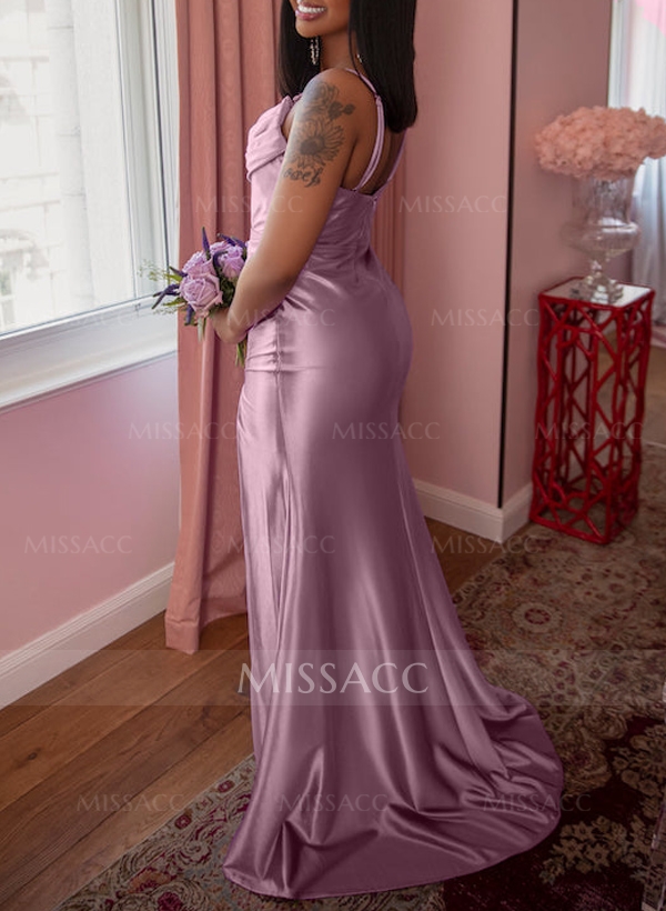 Trumpet/Mermaid Cowl Neck Silk Like Satin Bridesmaid Dresses With High Split