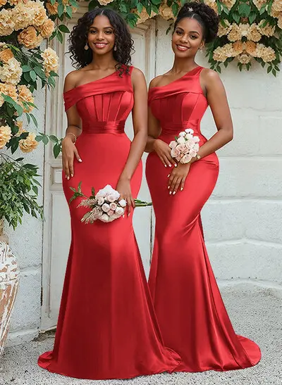 Trumpet/Mermaid Asymmetrical Sweep Train Charmeuse Bridesmaid
