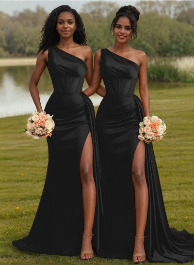 Trumpet/Mermaid One-Shoulder Silk Like Satin Bridesmaid Dresses With High Split