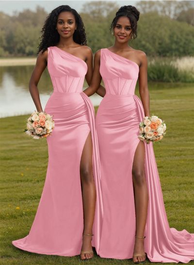 Trumpet/Mermaid One-Shoulder Silk Like Satin Bridesmaid Dresses With High Split