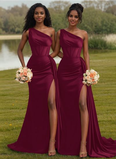 Trumpet/Mermaid One-Shoulder Silk Like Satin Bridesmaid Dresses With High Split