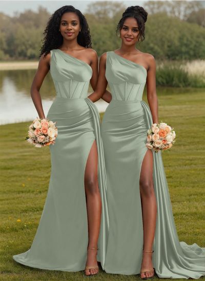 Trumpet/Mermaid One-Shoulder Silk Like Satin Bridesmaid Dresses With High Split