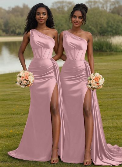 Trumpet/Mermaid One-Shoulder Silk Like Satin Bridesmaid Dresses With High Split