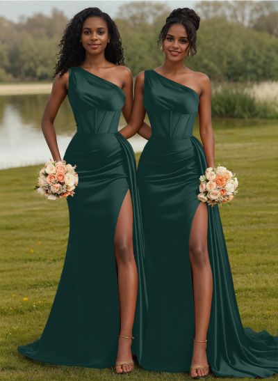 Trumpet/Mermaid One-Shoulder Silk Like Satin Bridesmaid Dresses With High Split