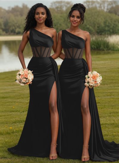 Trumpet/Mermaid One-Shoulder Silk Like Satin Bridesmaid Dresses With High Split