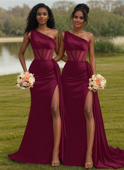 Trumpet/Mermaid One-Shoulder Silk Like Satin Bridesmaid Dresses With High Split Trumpet/Mermaid One-Shoulder Silk Like Satin Bridesmaid Dresses With High Split