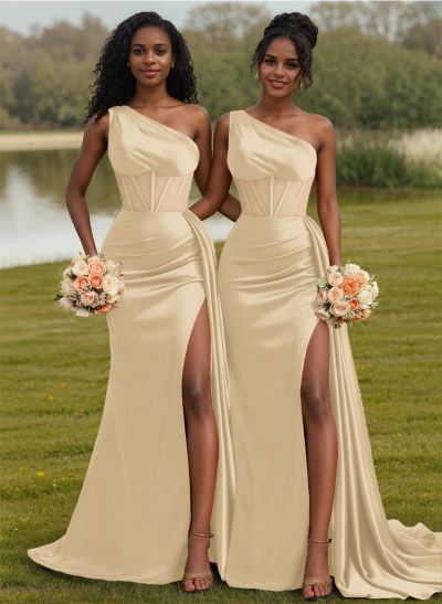 Trumpet/Mermaid One-Shoulder Silk Like Satin Bridesmaid Dresses With High Split