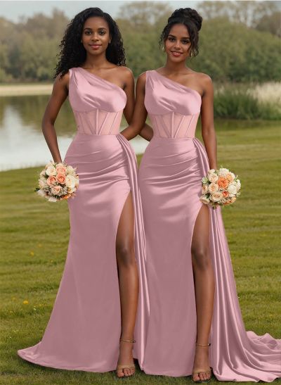 Trumpet/Mermaid One-Shoulder Silk Like Satin Bridesmaid Dresses With High Split