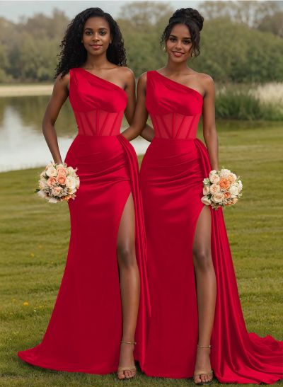 Trumpet/Mermaid One-Shoulder Silk Like Satin Bridesmaid Dresses With High Split