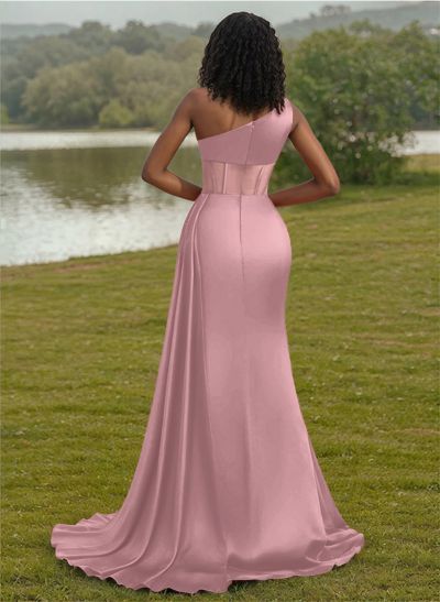 Trumpet/Mermaid One-Shoulder Silk Like Satin Bridesmaid Dresses With High Split