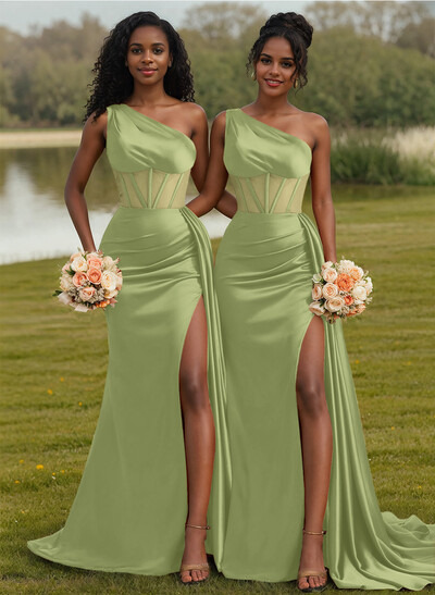 Trumpet/Mermaid One-Shoulder Silk Like Satin Bridesmaid Dresses With High Split Trumpet/Mermaid One-Shoulder Silk Like Satin Bridesmaid Dresses With High Split