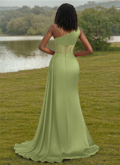 Trumpet/Mermaid One-Shoulder Silk Like Satin Bridesmaid Dresses With High Split Trumpet/Mermaid One-Shoulder Silk Like Satin Bridesmaid Dresses With High Split