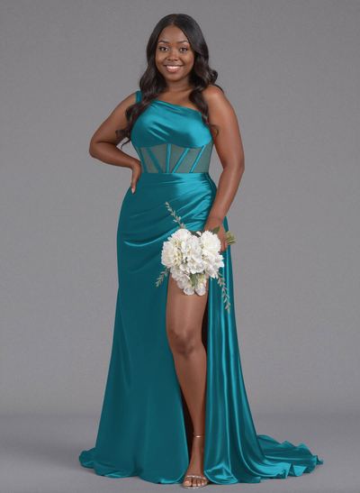 Trumpet/Mermaid One-Shoulder Silk Like Satin Bridesmaid Dresses With High Split