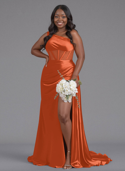 Trumpet/Mermaid One-Shoulder Silk Like Satin Bridesmaid Dresses With High Split