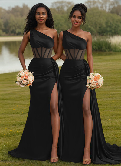 Trumpet/Mermaid One-Shoulder Silk Like Satin Bridesmaid Dresses With High Split