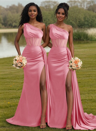 Trumpet/Mermaid One-Shoulder Silk Like Satin Bridesmaid Dresses With High Split