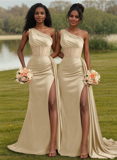Trumpet/Mermaid One-Shoulder Silk Like Satin Bridesmaid Dresses With High Split